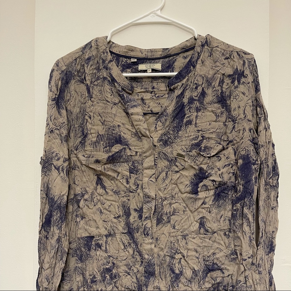 Guess size small taupe and blue cotton button down